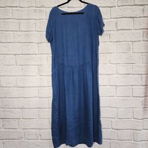 Vivid Womens Blue Lagenlook Linen Short Sleeve Midi Dress Size Large